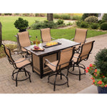 Monaco 7-Piece High-Dining Set, 6 Swivel Chairs & A 30,000 BTU Fire Pit Table, Hanover, MONDN7PCFP-BR