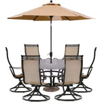 Manor 7-Piece Outdoor Dining Set, 6 Swivel Rockers & Large 60" Round Cast-Top Dining Table W/ Umbrella & Base, Hanover, MANDN7PCSWRD6-SU