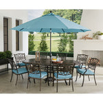 Traditions 9-Piece Outdoor Dining Set, 8 Dining Chairs & 95" X 60" Oval Cast-Top Table W/ Umbrella & Stand Hanover, TRADDN9PCOV-SU-B