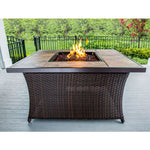 Woven Coffee Table Gas Fire Pit, Brown, 40,000 BTU, Porcelain Tile Top & Lid, Hanover, COFFEETBLFP-TILE