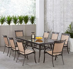 Fontana Outdoor 9-Piece Dining Set, 8 Sling Chairs + Cast-Top Table, Hanover,  FNTDN9PCC 9 Pieces Dining Set, 8 Stationary Dining Chairs & Extra-Large Glass-Top Dining Table, Hanover, FNTDN9PCG