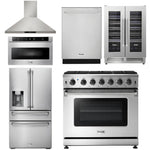 6 Piece Kitchen Appliance Package | 36 in. Gas Range, Range Hood, Microwave Drawer, Refrigerator with Fridge and Ice Maker, Dishwasher, Wine Cooler, Thor Kitchen, AP-LRG3601U-14