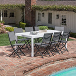 Del Mar 9-Piece Outdoor Dining Set, 8 Sling Folding Chairs + 40x118" Expandable Dining Table, Hanover, DELDN9PCFD-WG