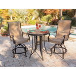 Monaco 3-Piece High-Dining Bistro Set, 2 Counter-Height Chairs W/ Seat Cushions, & 30 " Round porcelain tile Table, Oil-Rubbed, Bronze, Hanover  MONDN3PCPDBR-C-TAN