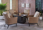 Slater 5-Piece Fire Pit Chat Set, 4 Woven Cushioned Chairs & Rectangular KD Fire Pit w/Tile Top, Hanover, SLAT5PCRECFP