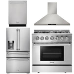 4 Piece Kitchen Appliance Package | 36 In. Gas Burner/Electric Oven Range, Range Hood, Dishwasher. Refrigerator with Water and Ice Dispenser, Thor Kitchen, AP-HRD3606U-10
