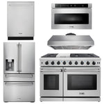 5 Piece Kitchen Appliance Package | 48 in. Gas Range, Range Hood, Dishwasher, Refrigerator with Water and Ice Dispenser, Microwave Drawer, Thor Kitchen, AP-LRG4807U-13