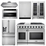 6 Piece Kitchen Appliance Package | 48 Inch Gas Range, Range Hood, Refrigerator with Water and Ice Dispenser, Dishwasher, Wine Cooler, Microwave, Thor Kitchen,  AP-LRG4807U-14