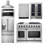 6 Piece Kitchen Appliance Package | 48 Inch Gas Range, Range Hood, Refrigerator with Water and Ice Dispenser, Dishwasher, Wine Cooler, Microwave, Thor Kitchen, AP-LRG4807U-W-10