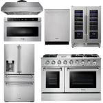 6 Piece Kitchen Appliance Package | 48 in. Gas Range, Range Hood, Refrigerator with Water and Ice Dispenser, Dishwasher, Microwave Drawer, Wine Cooler, Thor Kitchen, AP-HRG4808U-14