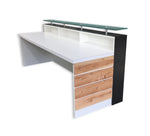 White Memphis Reception Desk With Glass Riser and Cedar Slats - RCS