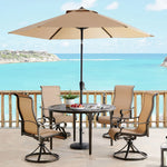 Brigantine Outdoor High-Dining set, 4 Contoured-Sling Swivel Chairs + 1 Round Cast-Top Table With Umbrella & Base, Tan Bronze, Hanover, BRIGDN5PCBR-SU
