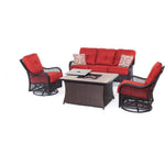 Orleans 4-Piece  Woven Lounge Set, 2 Swivel Gliders & Sofa + Fire Pit Table W/ WoodGrain Tile ,Steel Glider Frame, Hanover,ORLEANS4PCFP-BRY-A