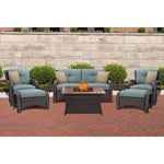Strathmere 6-Piece Outdoor Wicker Lounge Set, loveseat & 2 armchairs & 2 ottomans + Rectangle Tan-Tile Top Firepit Dinning table, Hanover , STRATHMERE6PC