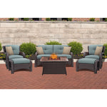 Strathmere 6-Piece Outdoor Wicker Lounge Set, loveseat & 2 armchairs & 2 ottomans + Rectangle Wood-Grain Top Firepit Dinning table, Hanover , STRATHMERE6PC