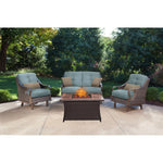 Ventura 4-Piece Fire Pit Chat Set, Deep-Seating Loveseat & 2 Rocking Armchair + Wood-Grain Top Firepit Table, Hanover, VEN4PCFP-BLU-WG