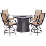 Manor 5-Piece High-Dining Set, 4 Swivel Chairs & 48-Inch Round Cast-Top 40,000 BTU Fire Pit Table, Alumicast/Tan, Hanover, MAN5PCFPRD-BR