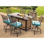 Traditions 7-Piece Outdoor High-Dining Set, 6 Tall Swivel Chairs & 30,000 BTU Fire Pit Table, Hanover, TRAD7PCFPBR