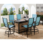 Traditions 7-Piece Outdoor High-Dining Set, 6 Padded Counter-Height Swivel Chairs & 30,000 BTU Fire Pit Dining Table, Hanover, TRAD7PCPFPDBR-BLU