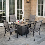 Naples 5-Piece Fire Pit Chat Set, 4 Padded Sling Chairs & 40,000 BTU Tile-Top Fire Pit Table w/ Burner Cover, Gray, Hanover, NAPLES5PCHBFP-GRY