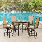 Brigantine Outdoor High-Dining set, 4 Contoured-Sling Swivel Chairs + 1 Round Cast-Top Table, Tan Bronze, Hanover, BRIGDN5PCBR