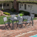 Dawson 7-Piece Outdoor Dining Set, 6 Folding Sling Chairs + 1 Expandable Table, 40" x 118", Grey, Hanover, DAWDN7PCFD-GRY