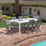 Outdoor Dining Set, 6 Folding Sling Chairs in Gray +1 Expandable Dining Table, 40" x 118" , White, Hanover, Del Mar, DELDN7PCFD-WG