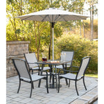 Foxhill  5-Piece Commercial-Grade Patio Dining Set, 4 Sling Dining Chairs & 38" Square Cast-Top Table W/ Umbrella & Base, Hanover, FOXDN5PCS-G-SU