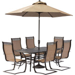 Manor 7-Piece Dining Set, 6 C-Spring Chairs & 72" x 38" Cast-Top Dining Table W/ 9-ft Umbrella & Base, Hanover,  MANDN7PCSP-SU