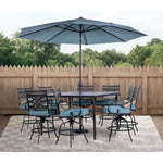 Montclair 9-Piece High Dining Set, 8 Swivel Chairs & 60" Square High Table W/ Umbrella and Base, Hanover, MCLRDN9PCBRSW8-BLU