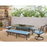 Traditions 5-Piece Outdoor Patio Dining Set,  2 Swivel Rockers & 2 Cushioned Benches & 38" X 72" Cast-Top Dining Table, Hanover, TRADDN5PCSW2BN-BLU