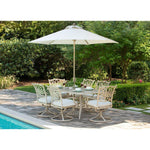 Traditions 7-Piece Outdoor Dining Set, 6 Swivel Rockers & 38" X 72" Cast-Top Table W/ 9-Ft. Umbrella & Stand, Hanover, TRADDNSD7PCSW6-BE-SU