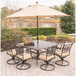 Traditions 9-Piece Outdoor Dining Set, 8 Swivel Rockers & 60" Square Cast-Top Dining Table W/ 11-Ft. Table Umbrella & Stand, Hanover, TRADDN9PCSWSQ8-SU