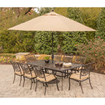 Traditions 9-Piece Outdoor Dining Set, 8 Stationary Dinning Chairs & 84" X 41" Cast-Top Dining Table W/ 11-Ft. Umbrella & Stand, Hanover , TRADDN9PC-SU