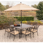 Traditions 9-Piece Outdoor Dining Set, 8 Stationary Dining Chairs & 60" Square Cast-Top Dining Table W/ 11 Ft. Table Umbrella & Base, Hanover, TRADDN9PCSQ-SU