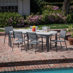 Tucson 7-Piece Outdoor Dinning Set, 6 Sling Chairs & Faux Wood Dining Table, Hanover , TUCSDN7PCHB-GRY