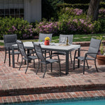 Tucson 7-Piece Outdoor Dinning Set, 6 Aluminum High Back Padded Chairs & Faux Wood Dining Table, Hanover , TUCSDN7PCHB-GRY