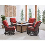 Orleans 5-Piece Fire Pit Chat Set, 4 Cushioned Swivel Gliders & Tile Top Fire Pit, Hanover, ORL5PCTFPSW4-BRY