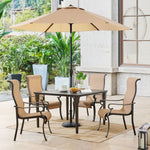 Brigantine Outdoor Dining Set, 4 Contoured-Sling Chairs + 1 Square Cast-Top Table W/ Umbrella & Base, Tan Bronze, Hanover, BRIGDN5PCSQ-SU